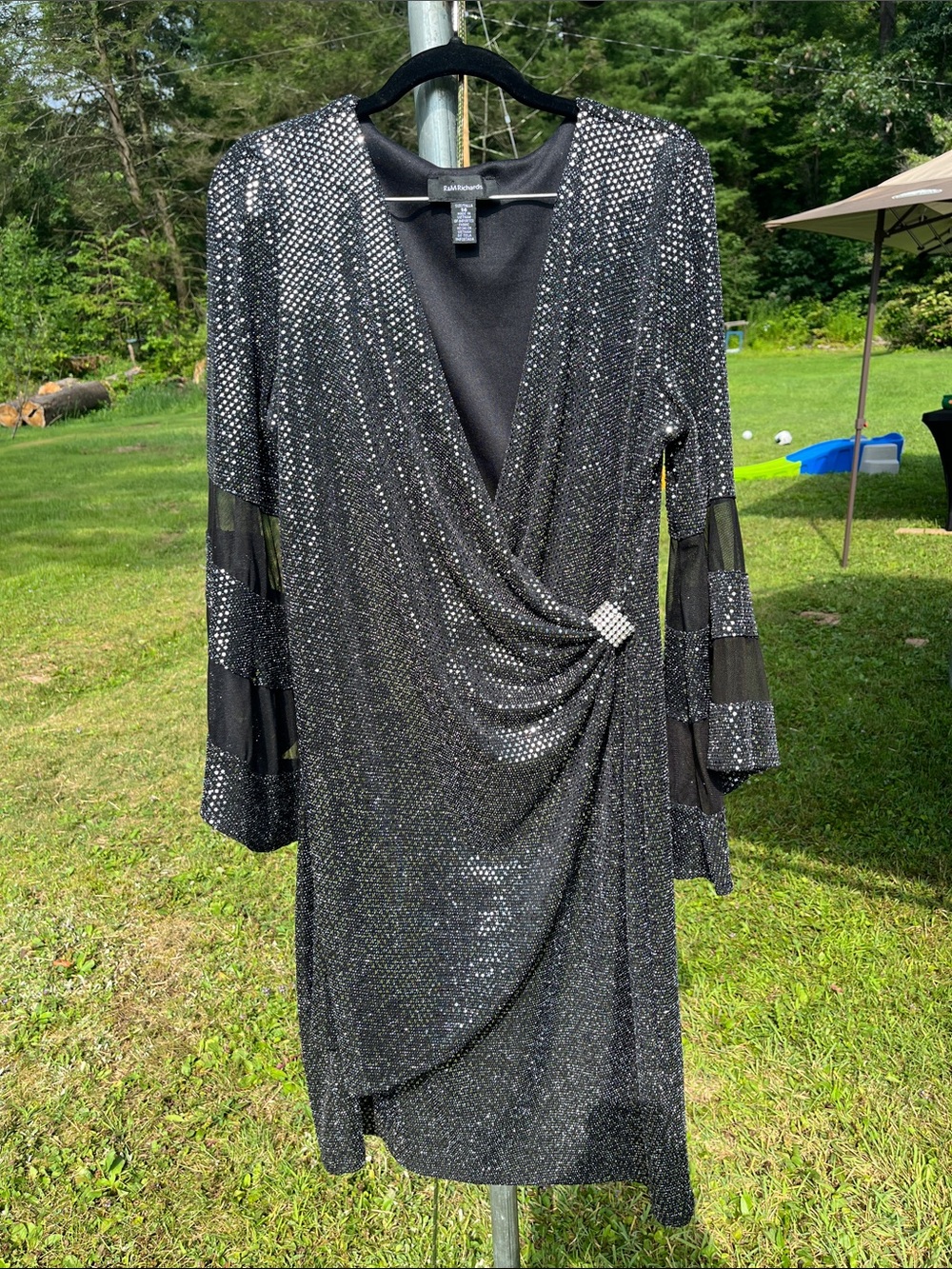 R&M Richards Black Sparkle Wrap Dress with Rhinestone Accent